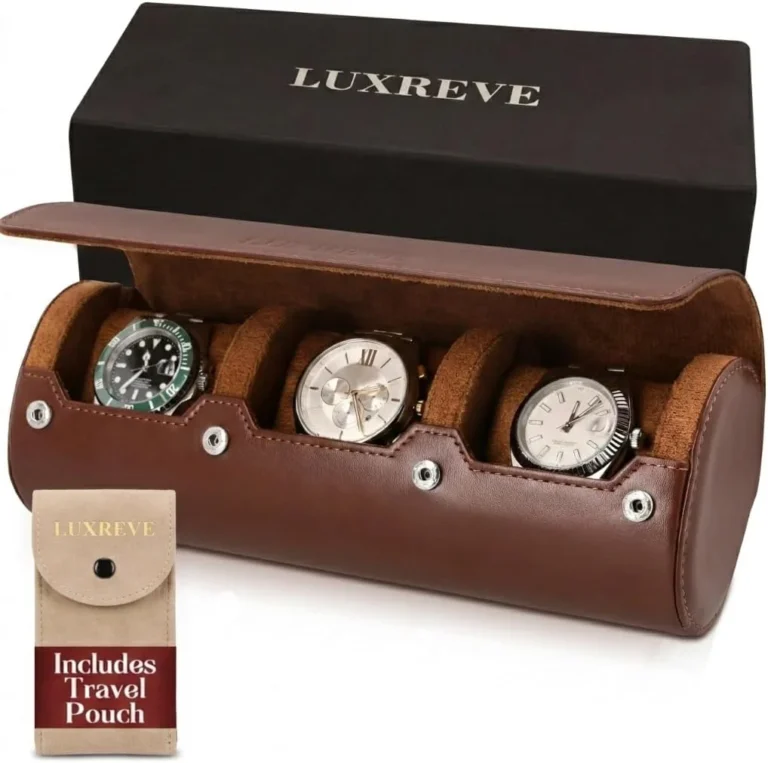Luxury Father's Gift Travel Watch Case, 3 Slots, Bonus Pouch, PU Leather Watch Roll – Brown