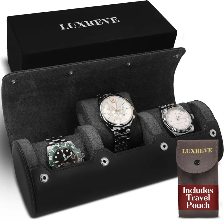 Luxury Father's Gift Travel Watch Case, 3 Slots, Bonus Pouch, PU Leather Watch Roll – Black/Grey