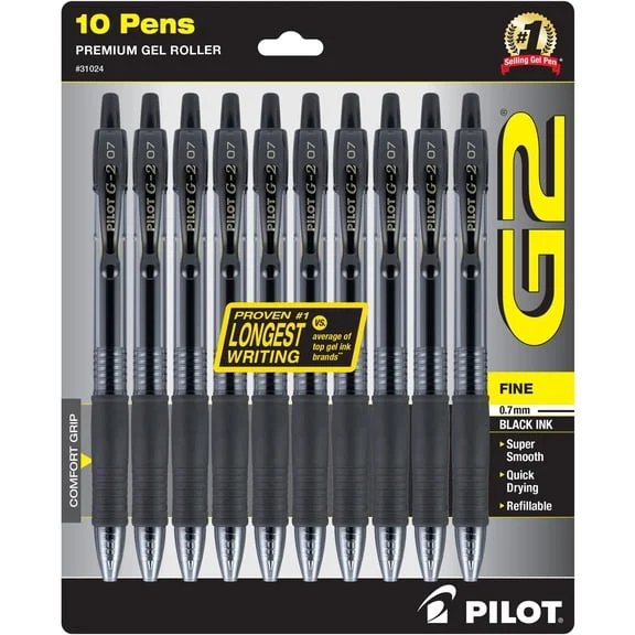 Pilot G2 Retractable Gel Pens, Black, 10 Count